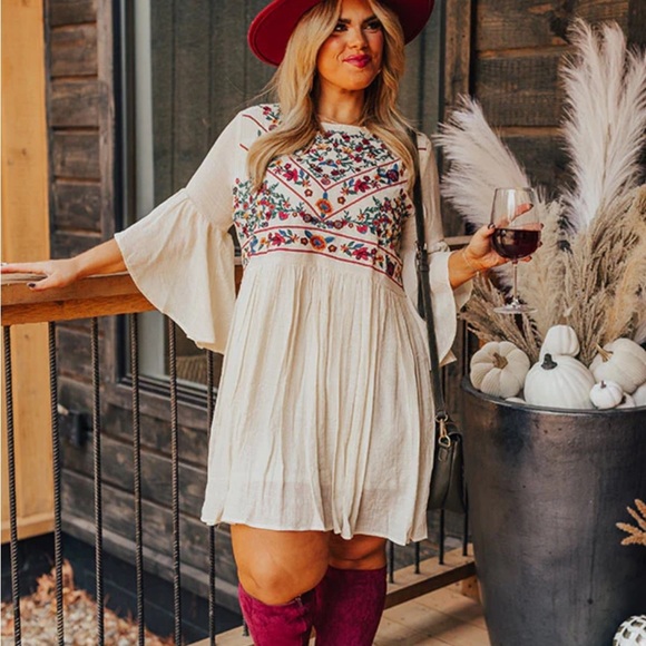 Umgee Cream Dress with Colorful Embroidery - Picture 2 of 7